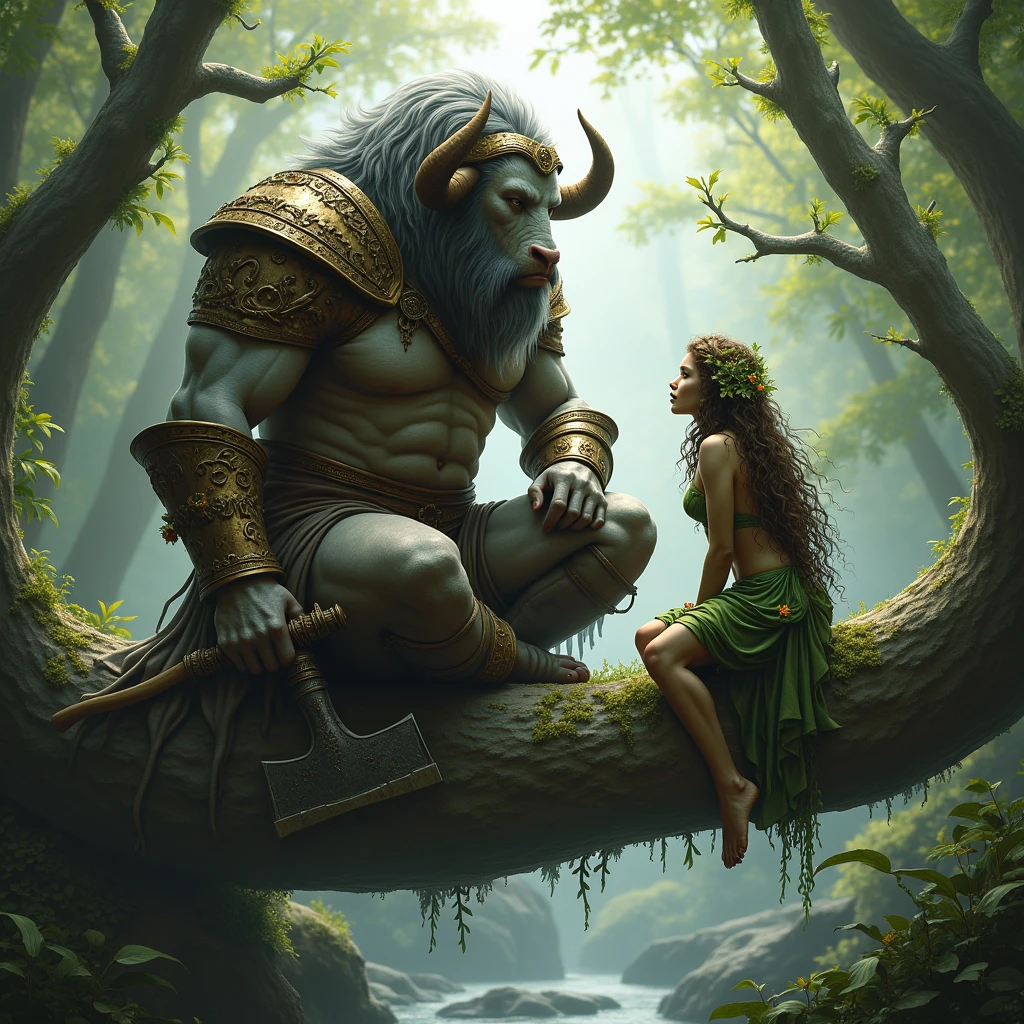 The minotaur, a towering figure covered in thick, shaggy gray fur, sits on a large fallen log. His muscular frame is encased in weathered, intricately detailed armor made of aged bronze and leather, adorned with ornate carvings and moss, suggesting many years of battle and deep connection to the forest. He holds a massive, double-headed axe, its blade worn and scarred from countless battles. His large, curved horns frame a face that, despite its fearsome appearance, exudes a sense of calm and wisdom. The minotaur’s posture is relaxed, almost contemplative, as he gazes down at his companion.Beside him, perched lightly on the same log, is a slender forest nymph with delicate, green-tinted skin that blends seamlessly with the surrounding foliage. Her hair, a cascade of earthy tones, is interwoven with leaves and flowers, and she wears a simple, flowing garment made of moss and vines. Her eyes are large and expressive, filled with curiosity and a deep connection to the natural world around her. She looks up at the minotaur with a serene, knowing expression, as if understanding his thoughts without the need for words.The lighting is soft and diffuse, with rays of sunlight filtering through the thick canopy above, creating a dappled pattern of light and shadow on the characters and the forest floor. The mist adds a sense of mystique and timelessness to the scene, blurring the lines between reality and fantasy. The overall mood is one of harmony and mutual respect between these two beings of the forest, each representing different aspects of nature’s power and beauty.This scene would be a visual masterpiece, evoking themes of unity between strength and gentleness, and the deep, unspoken bonds that can exist between different forms of life. The careful attention to texture, light, and the natural environment would create an immersive and emotionally resonant experience for the viewer.
