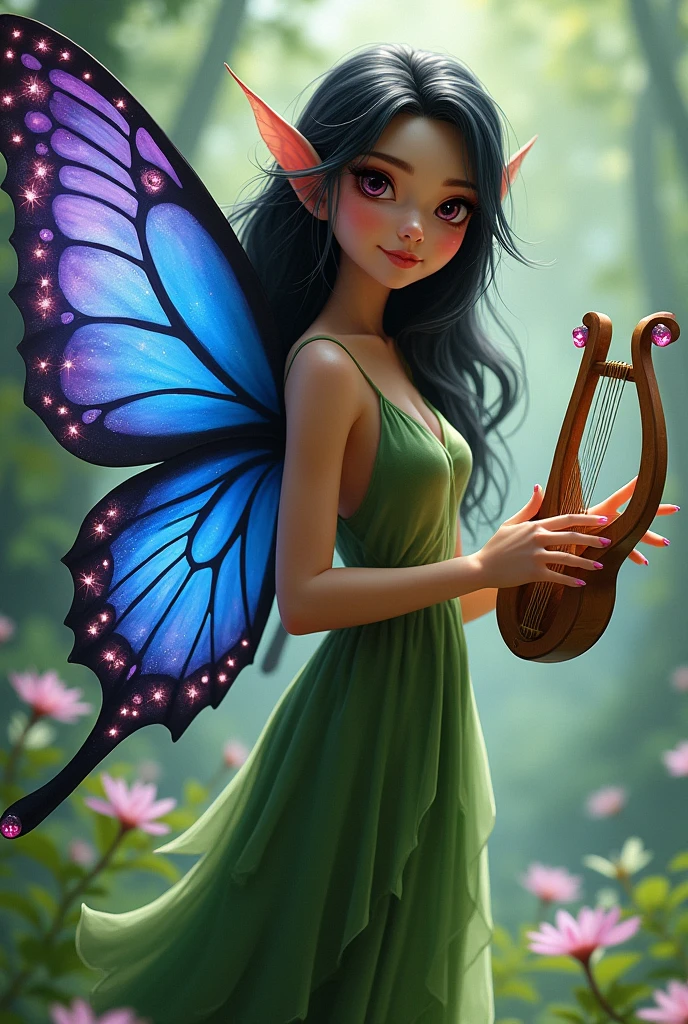 A slender fairy with blue and purple butterfly wings, black hair and dark pink eyes. She wears long, natural green clothes., and holds a lyre harp. She has an expression of someone who likes to play pranks..