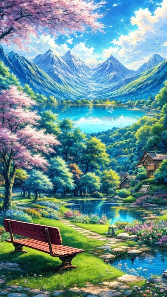 painting of 1bench in a garden with a lake in the background, Beautiful anime peace scene, an innkeeper , hermoso anime landscape, anime nature, detailed landscape, fondo de pantalla de anime landscape, fondo de pantalla de anime nature, arte de anime background, anime landscape, anime countryside scenery , beautiful anime scene, landscape illustrations, landscapes wallpaper, anime landscape, anime background