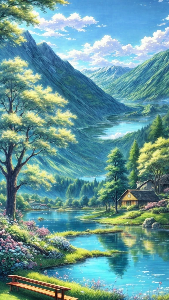 painting of 1bench in a garden with a lake in the background, Beautiful anime peace scene, an innkeeper , hermoso anime landscape, anime nature, detailed landscape, fondo de pantalla de anime landscape, fondo de pantalla de anime nature, arte de anime background, anime landscape, anime countryside scenery , beautiful anime scene, landscape illustrations, landscapes wallpaper, anime landscape, anime background