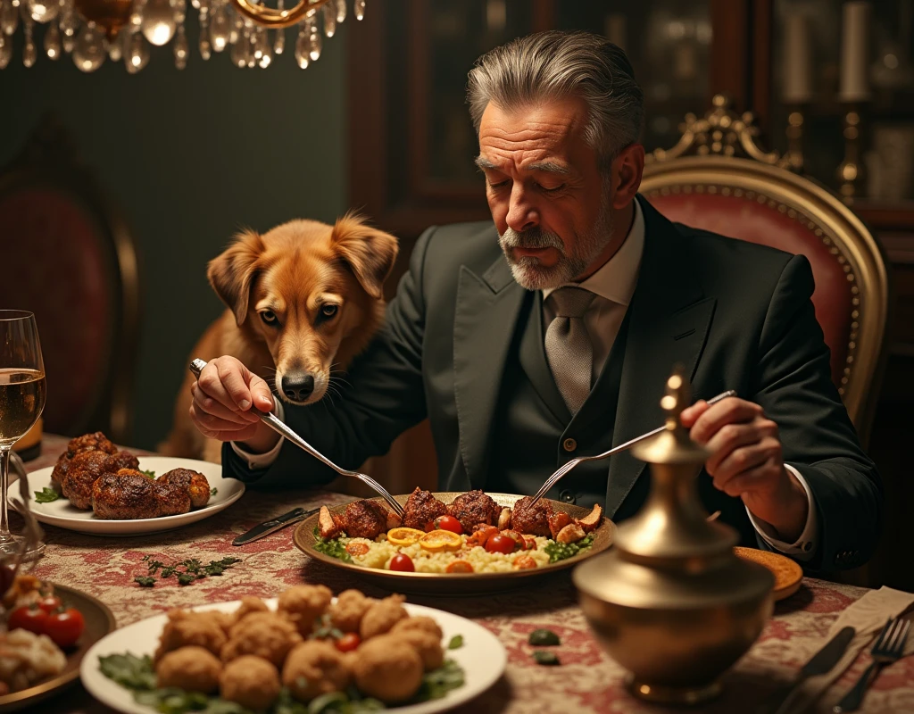 A man has a dog living in luxury, eating kebabs and kofta. Create an image that represents this scene, with colors that look old, as if from the early days of color television.