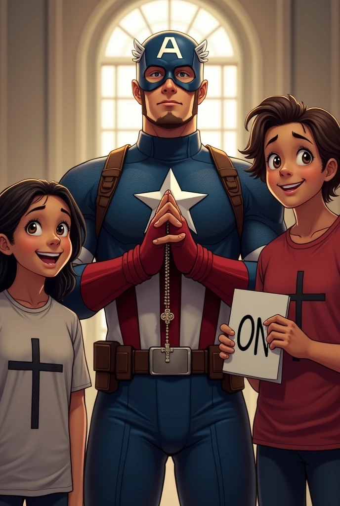 Captain America with two teens beside he, they have a T-shirt with a catholic cross. They are happy. One teen have a paper sheet with a number one on the paper. Captain america is praying the rosary.