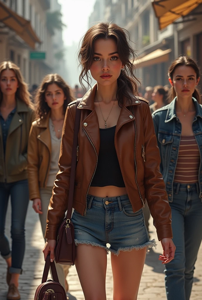 Fille cheveux attaché veste cuir mini short jean grand sac a main, elle est avec ses filles, elles se font voler leurs sacs