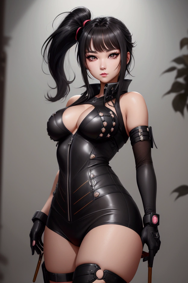 Eve, stellar blade, 8k,highres, 1girl, front lighting, simple background, gray background, looking at the viewer, bodysuit, black hair and dark black hair, fringe, hair tied in ponytail style, video game, heels, gloves, boobs, honey colored eyes, white skin, korean, She has straight bangs that frame her face, Her deep, captivating black eyes contrast with her soft