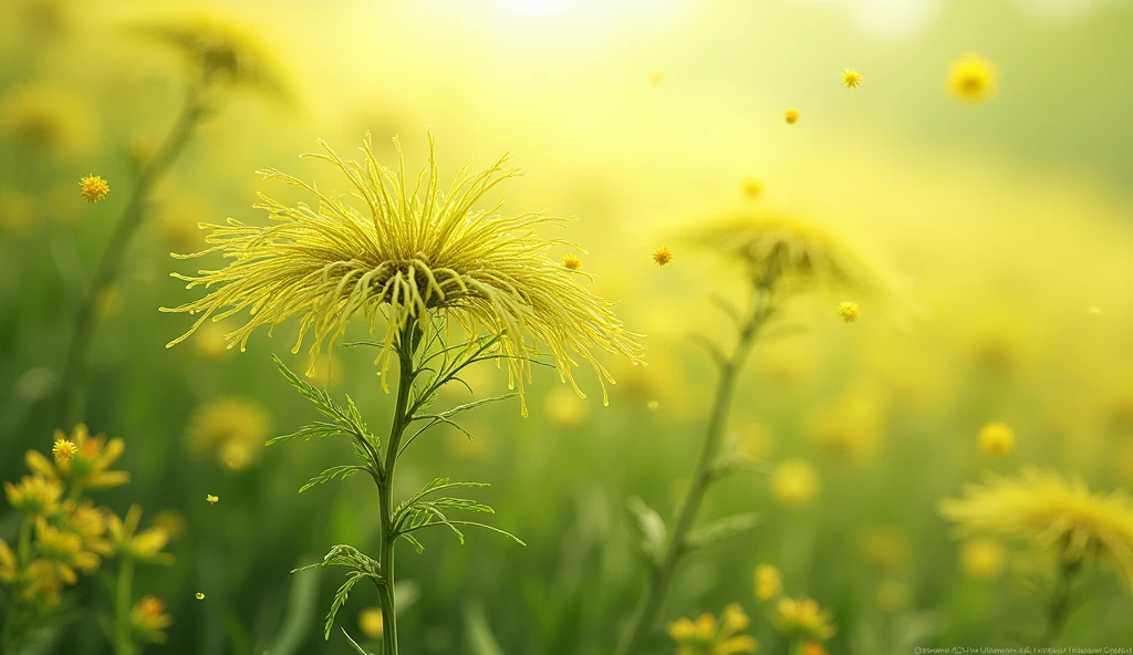 Create an image of the yellowish-green wormwood plant, that the thin leaves and that they look prominent and releasing explosion of medicinal substances in 3D and that with an extraordinary background In horizontal size, as for a wallpaper, that you can see it coming from the left side of the image