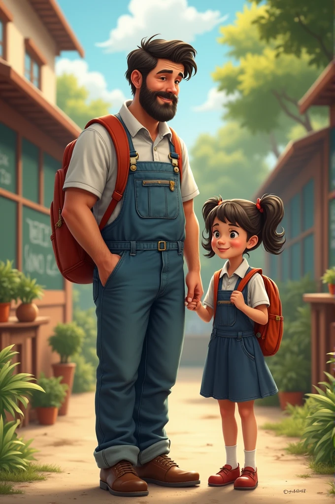 A  girl with her 4 father in a teacher&#39;s overalls and the girl in a school uniform 