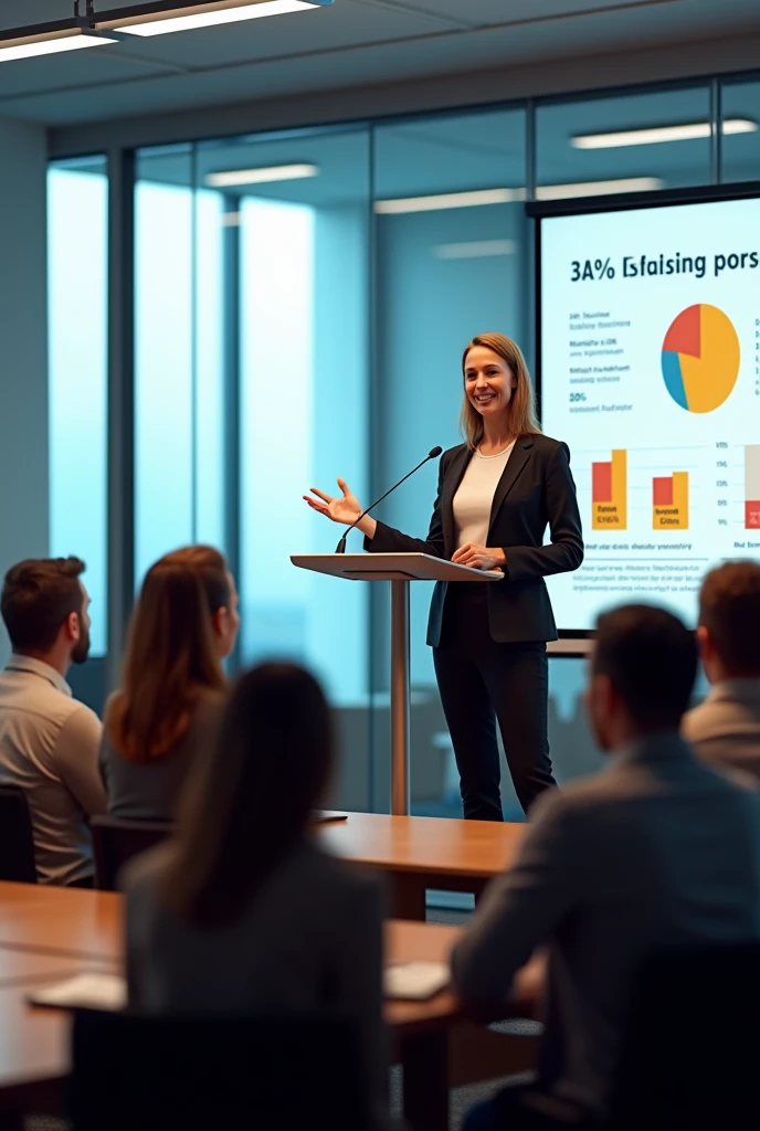 Create an image showing a talk about inclusion in the workplace with slides being presented on the topic
