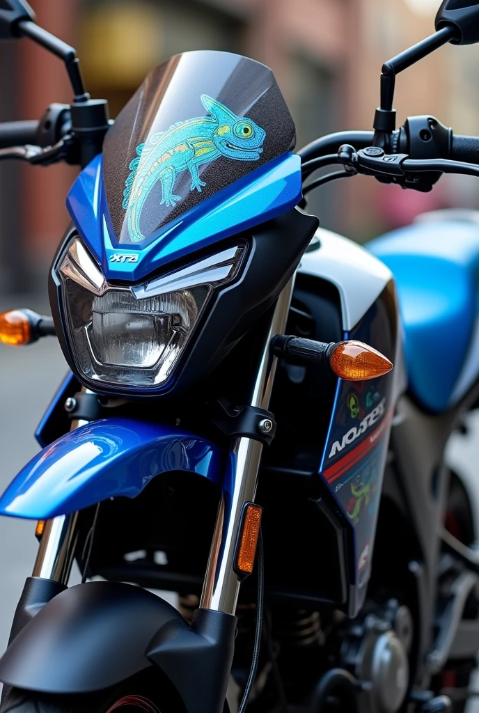 A Yamaha xtz 125 motorcycle with black tank, blue saddle and blue fairing with chameleon sticker