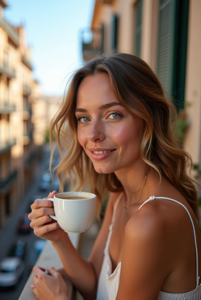 20 year old woman, instagram influencer, white skin with freckles, blue eyes, Having a coffee on a balcony in Barcelona