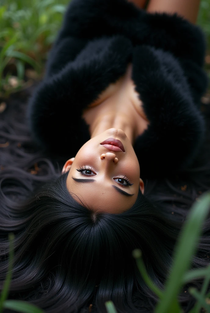 Create Latina Girl Photo, with beautiful face,black fur, posing on the back