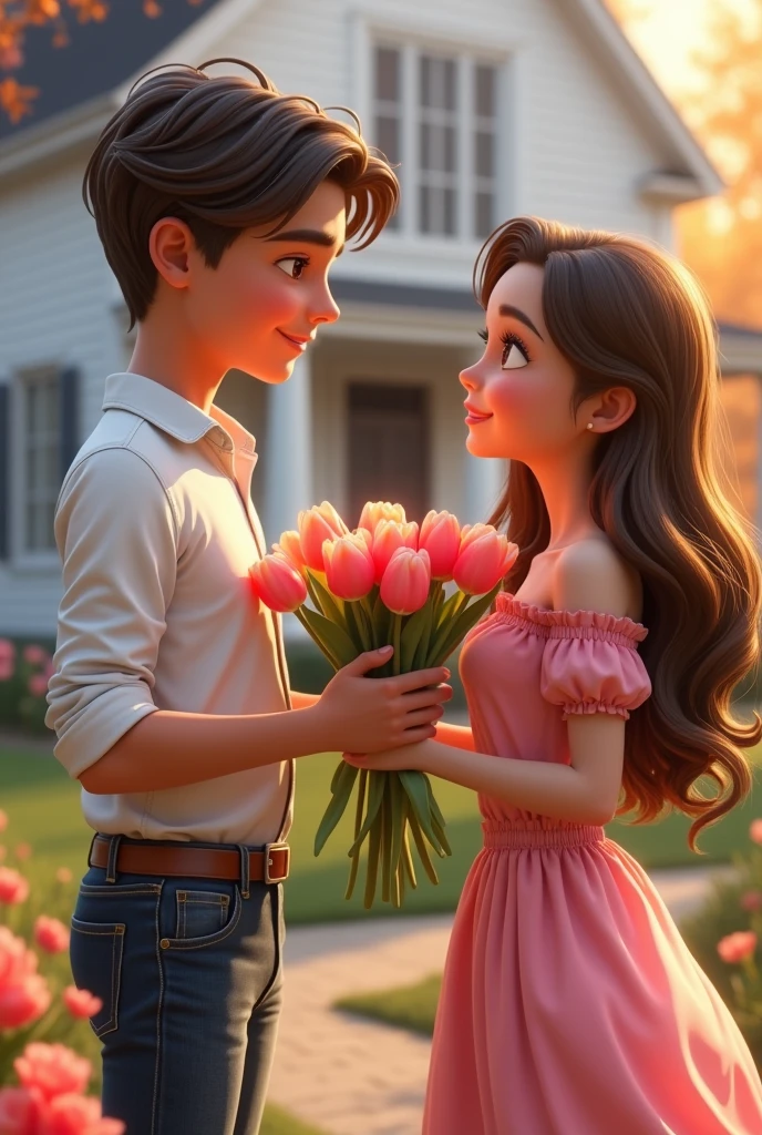 Noah Shnapp giving some tulips to a girl with brown hair with long white hair with a very realistic pink dress with a white house background REALISTIC teenagers