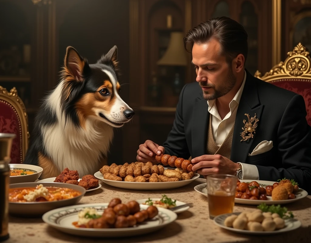 A man has a dog living in luxury, eating kebabs and kofta. Create an image that represents this scene, with colors that look old, as if from the early days of color television.