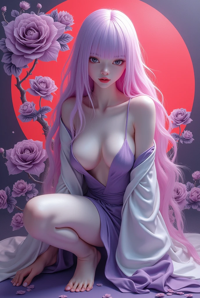 1girl, wearing stylish modern revealing clothing, albino, pink and purple hair , purple rose background, japanese and European, perfect tits, perfect dream face , non revealing , stylish tunic, crouching, seductive , red rose Japanese traditional background , passionate tits rubbing, white skin colour, feather hairstyle, seductive pose, purple colour outfit