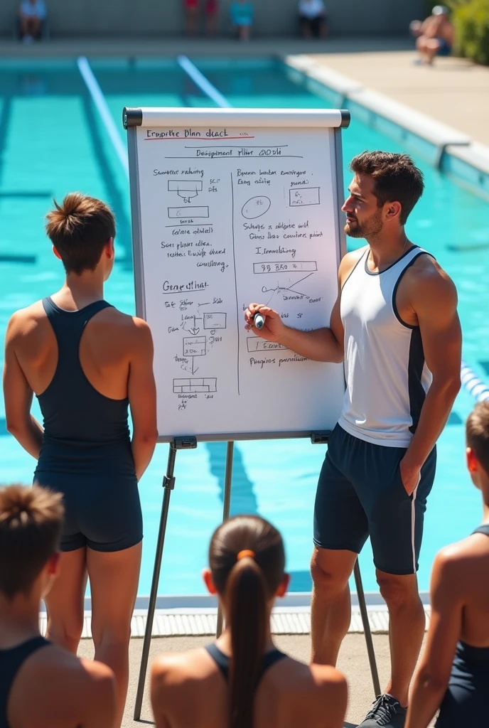 Swimming coach making a training plan on a whiteboard outside an Olympic pool and showing it to his team of  swimmers