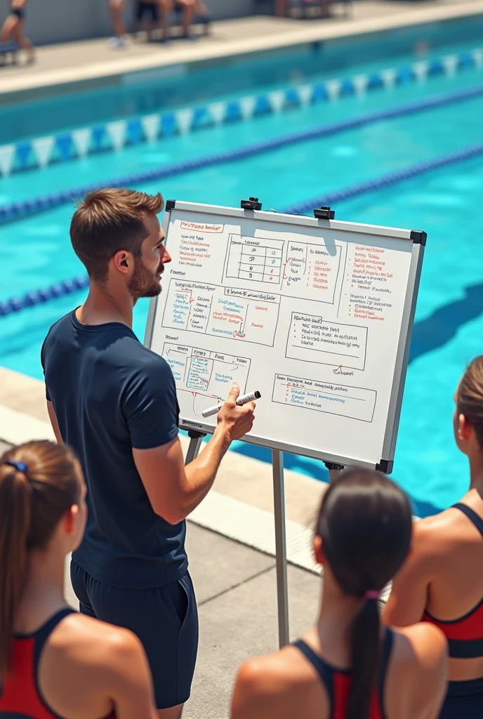 Swimming coach making a training plan on a whiteboard outside an Olympic pool and showing it to his team of swimmers