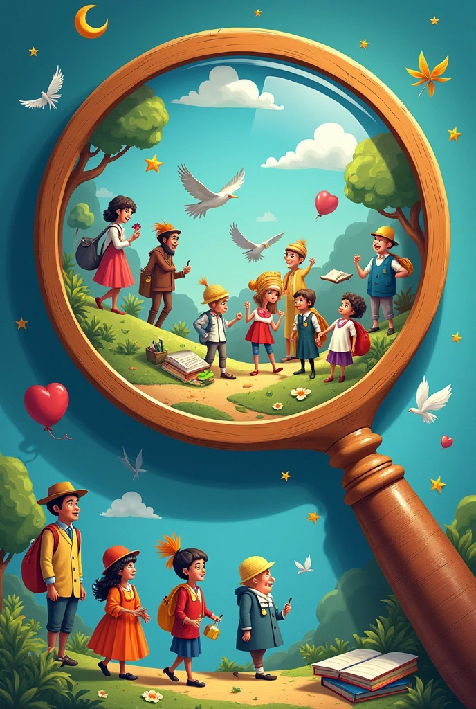 Represent in drawing the learning that is taught at school with fun and different colors, that are inside a magnifying glass that represents the study