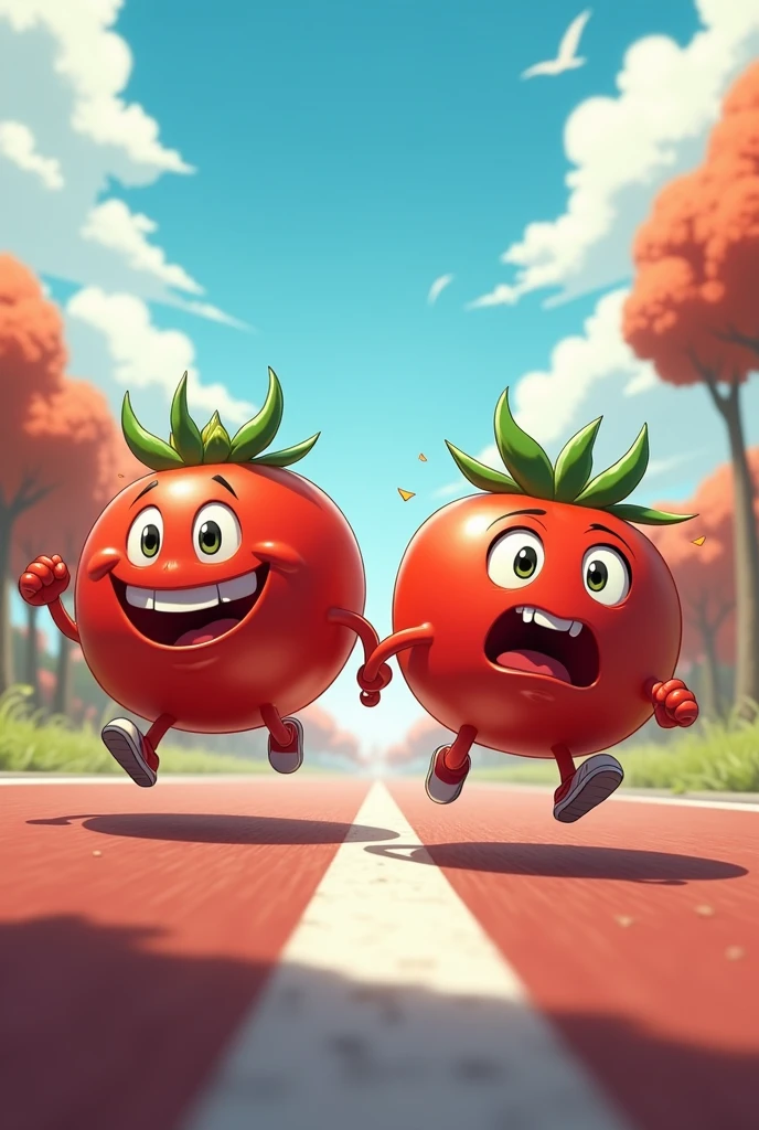 Generates two tomatoes running in anime one is winning and the other is losing 