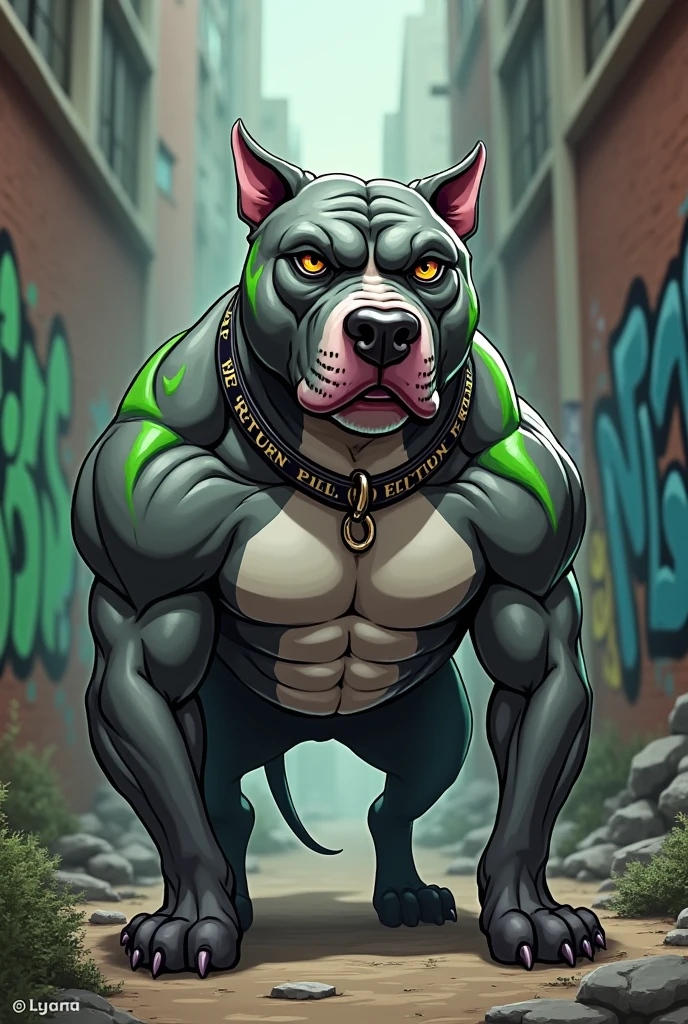create a muscular cartoon pitbull with hatred in a favela, the pitbull in gray but with green details with a collar with the phrase "The Return" graffitied on the wall behind him