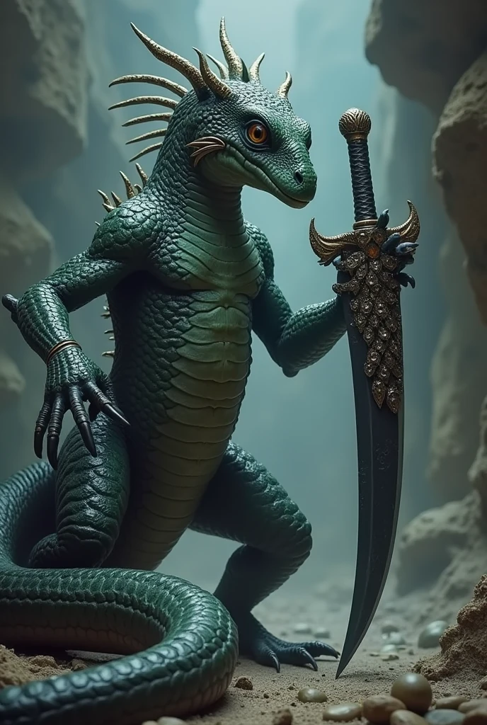 Basilisk 6 meters knife black details and a crown on it(obs:crown of scales) basilisk and a serpent