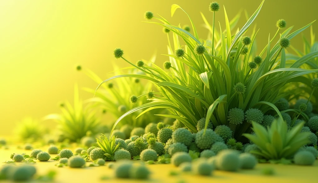 Create an image of the yellowish-green wormwood plant, that the thin leaves and that they look prominent and releasing explosion of medicinal substances in 3D and that with an extraordinary background In horizontal size, as for a wallpaper, that you can see it coming from the left side of the image 