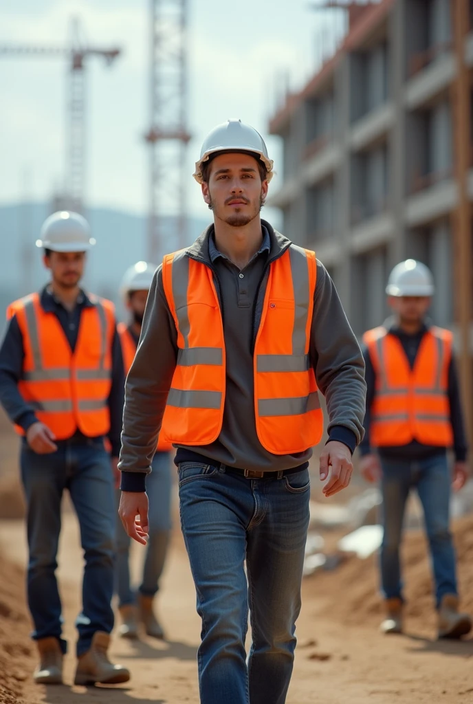Create a HSE tem leader male age 22 and back side hse staff team age and white helmet
