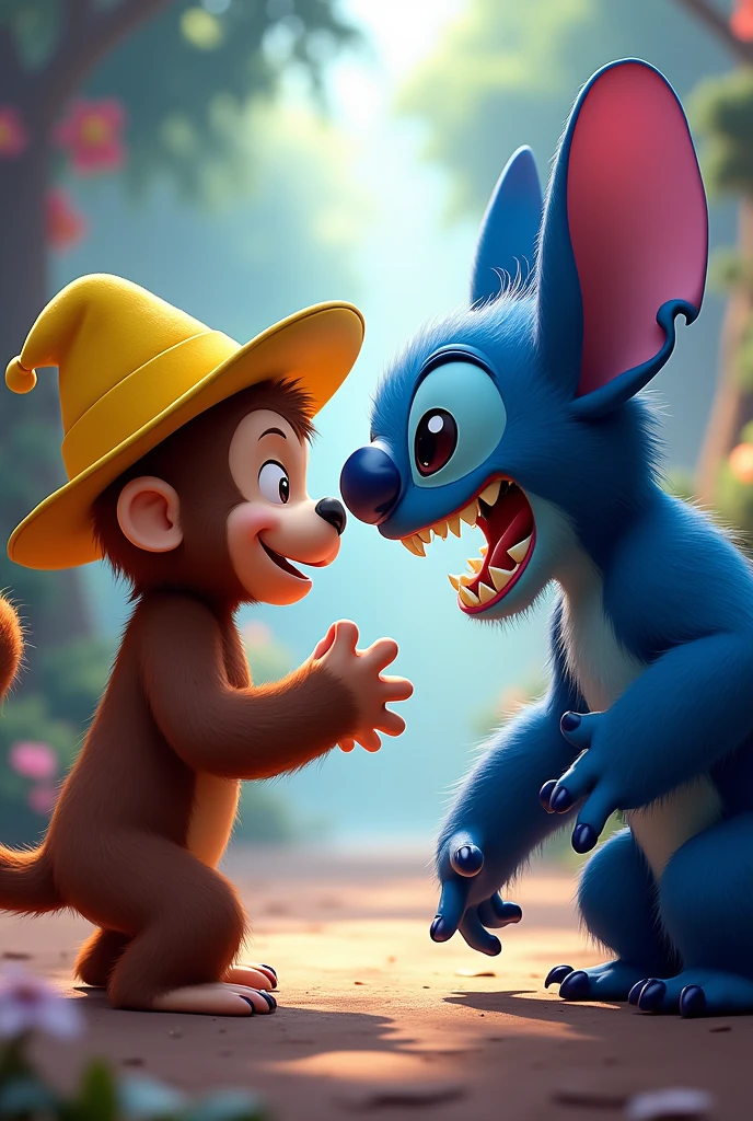 Curious George and Stitch fighting face to face