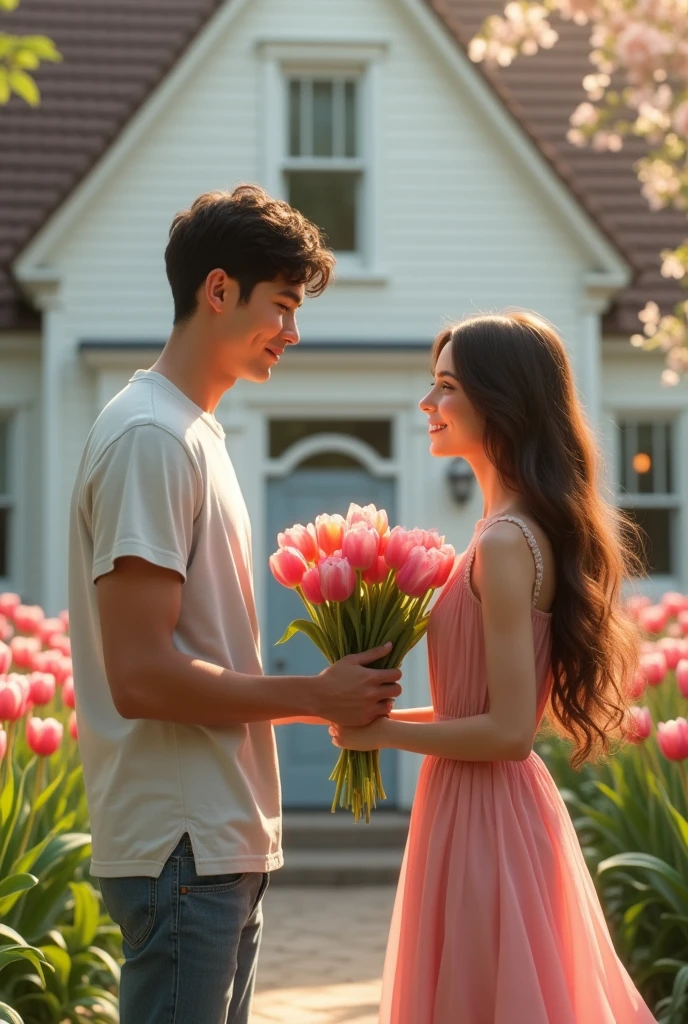 Noah Shnapp giving some tulips to a girl with brown hair with long white hair in a very realistic pale pink dress with a REALISTIC white house background