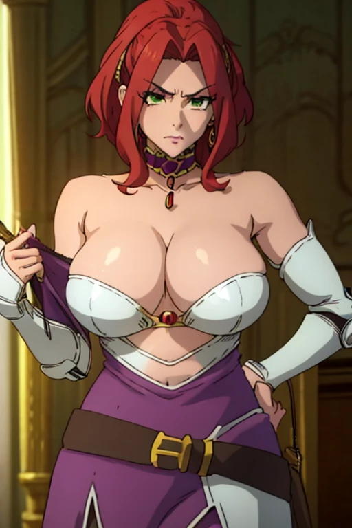 Malted Melromac, Upper body, 1 girl, Red jewelry, Green Eyes, Red hair, Steel Armor, belt, Neckline, Bare shoulders, Purple skirt,Large Breasts, Huge breasts, Large Breasts, Huge breasts, Microdress is bigger than heat, bodycon, eyes lashes, cleavage, navel, corruption, (o-ring), choker, jewelry, earrings, necklace, holding a gun, holding, handgun, big breasts, huge breasts, masive breasts, enormous breasts, nipples