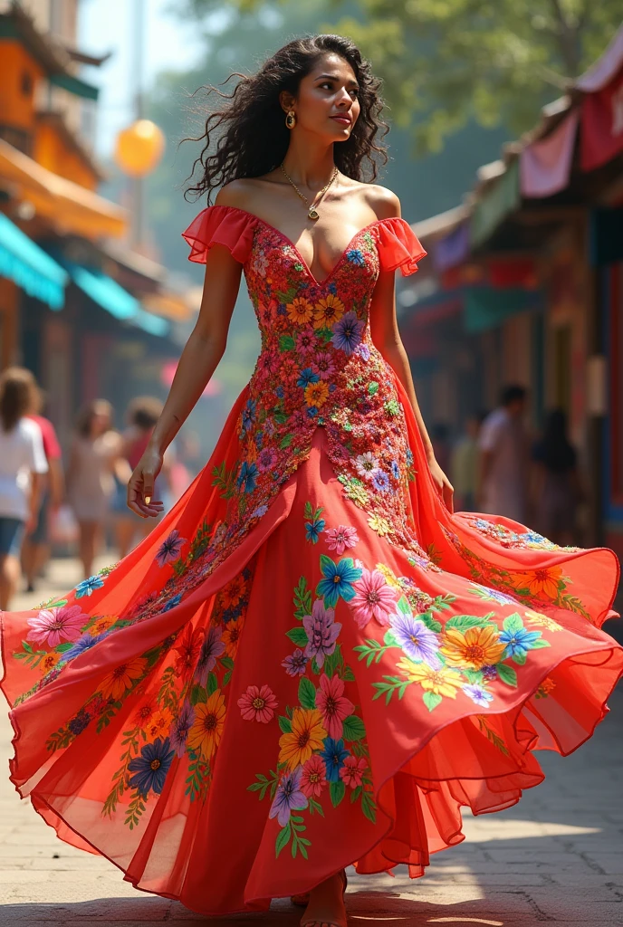 Give me a reference image of a women's dress design for a carnival with a floral theme.