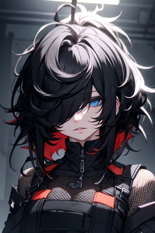 masterpiece, upper body, face portrait, woman, solo, black hair, hair over eyes, messy hair, mesh clothing, dark lighting