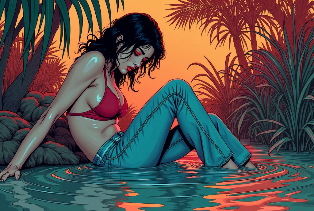 masterpiece, ultra-detailed, line art,70s aestetics,vintage lighting, knee-elbow position,soaking wet muddy flared jeans,experiences sexual tension,sinking in bog,fetishistic session,colorful retro atmosphere,ambiance,diva