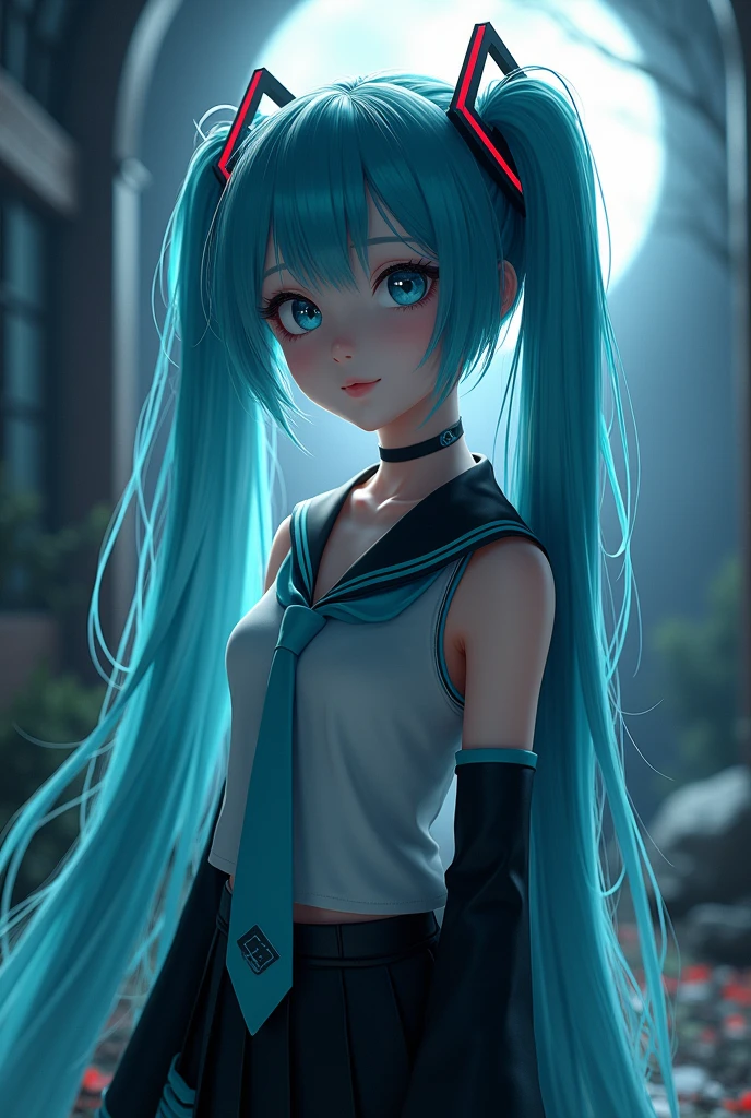 (((Details in Ultra HD quality, real-photo-realistic, ideal))), (morbid light:1.2), (Dynamic Angle), raw photo, (Hatsune Miku), YOUNG, beautiful, very thin, Skinny, blue fur, in highly detailed sailor suit, (ultra detailed body), sleeveless top, a short black skirt, (light smile:0.8), moonlight passing through hair, (beautiful random background:1.3), (sharp), Exposure Mix, bokeh, Luz outfit, High contrast, (muted colors, muted colors, calming tones:1.3), Low saturation, morbid