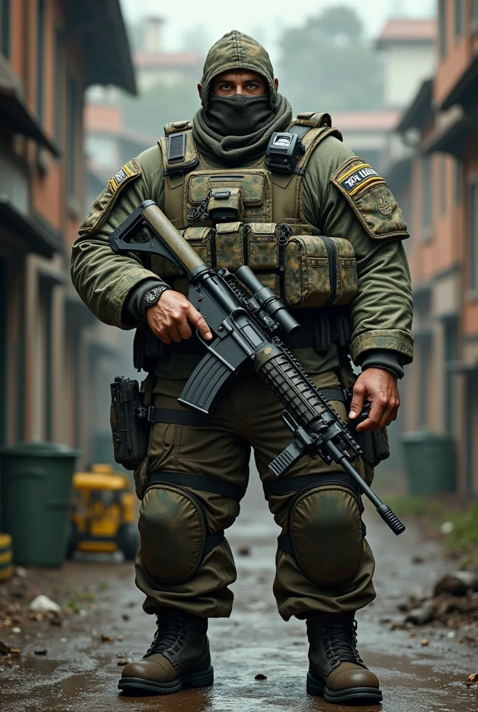8k ultra realisitic, A white man. Heavy Infantry Army Soldier(ultra reslista). He wears a camouflage balaclava . Muscular and corpulent physique of 2,30 meters high(Realist 8K). He wears a Brazilian army uniform and wears a 6b43 full-body war vest.(Realist 8K). he uses a lot of heavy equipment on it(detailed relist 8k). he is in a barracks. He holds a MK3 machine gun(camouflaged). Ele se assemelha a um juggetnaut. Ballistic protection on the shoulder(ultra realisitic)(camouflaged). ballistic groin protection(ultra realisitic)(camouflaged). Ballistic protection on the neck(ultra realisitic)(camouflaged).