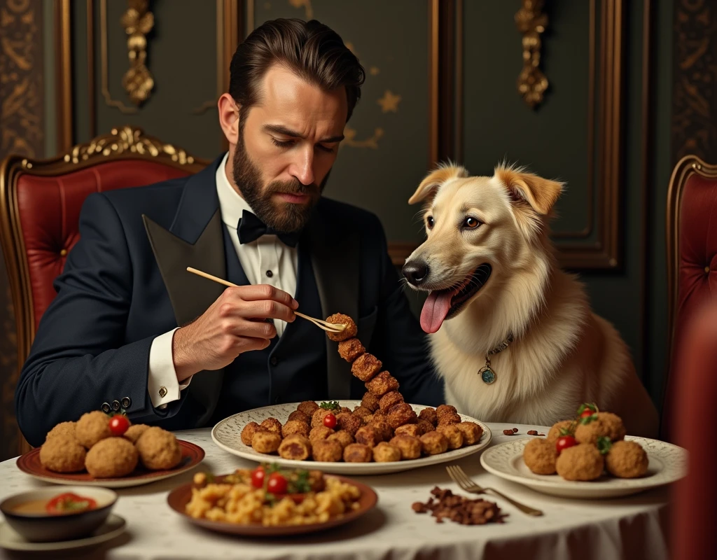 A man has a dog living in luxury, eating kebabs and kofta. Create an image that represents this scene, with colors that look old, as if from the early days of color television.