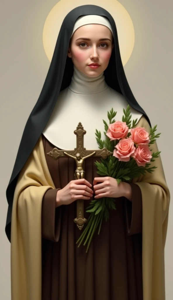 Generates an image of Saint Therese, dressed in a brown habit, black veil,  a light yellow cloak over the habit, a religious nun, holding a bouquet of roses and a crucifix. she is portrayed with a contemplative expression, reflecting his deep spirituality and communion with God, she has on average 24