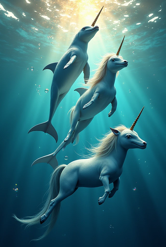 Dolphins and unicorns in the sea with many colors