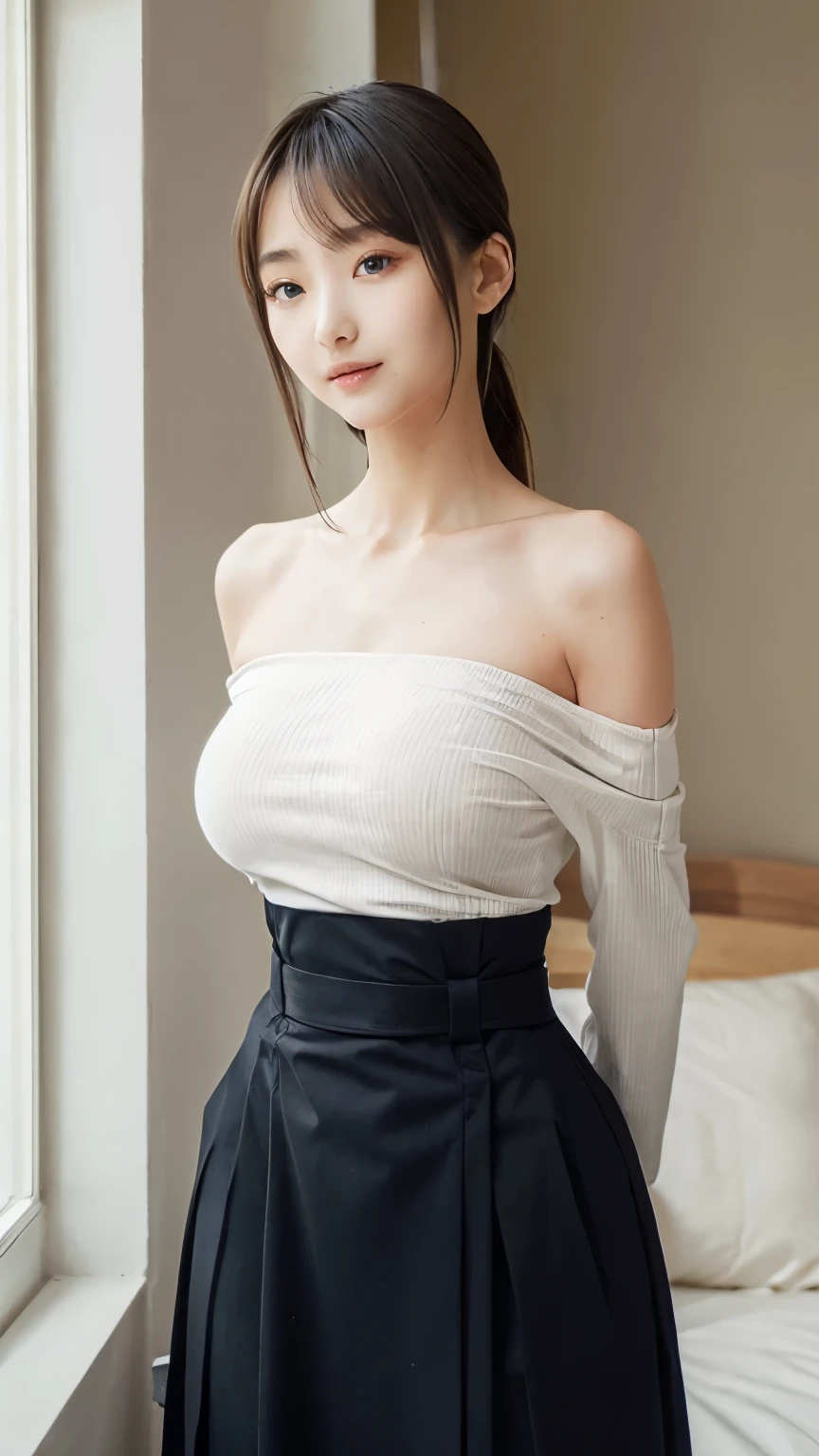  (distinct:1.48)、(Stylish adult woman:1.48)、(Very large breasts:1.48)、(Erotic:1.48)、(Tight shirt:1.48)、((Very thin waist:1.6))、(Off the shoulder:1.48)
