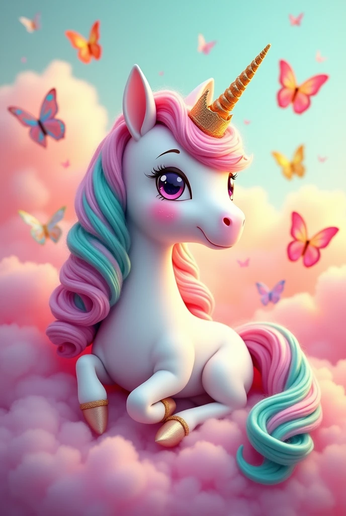 Cute unicorn with pink and aqua green mane with crown and glitter with colorful butterflies holding paintbrush on pink and orange clouds 