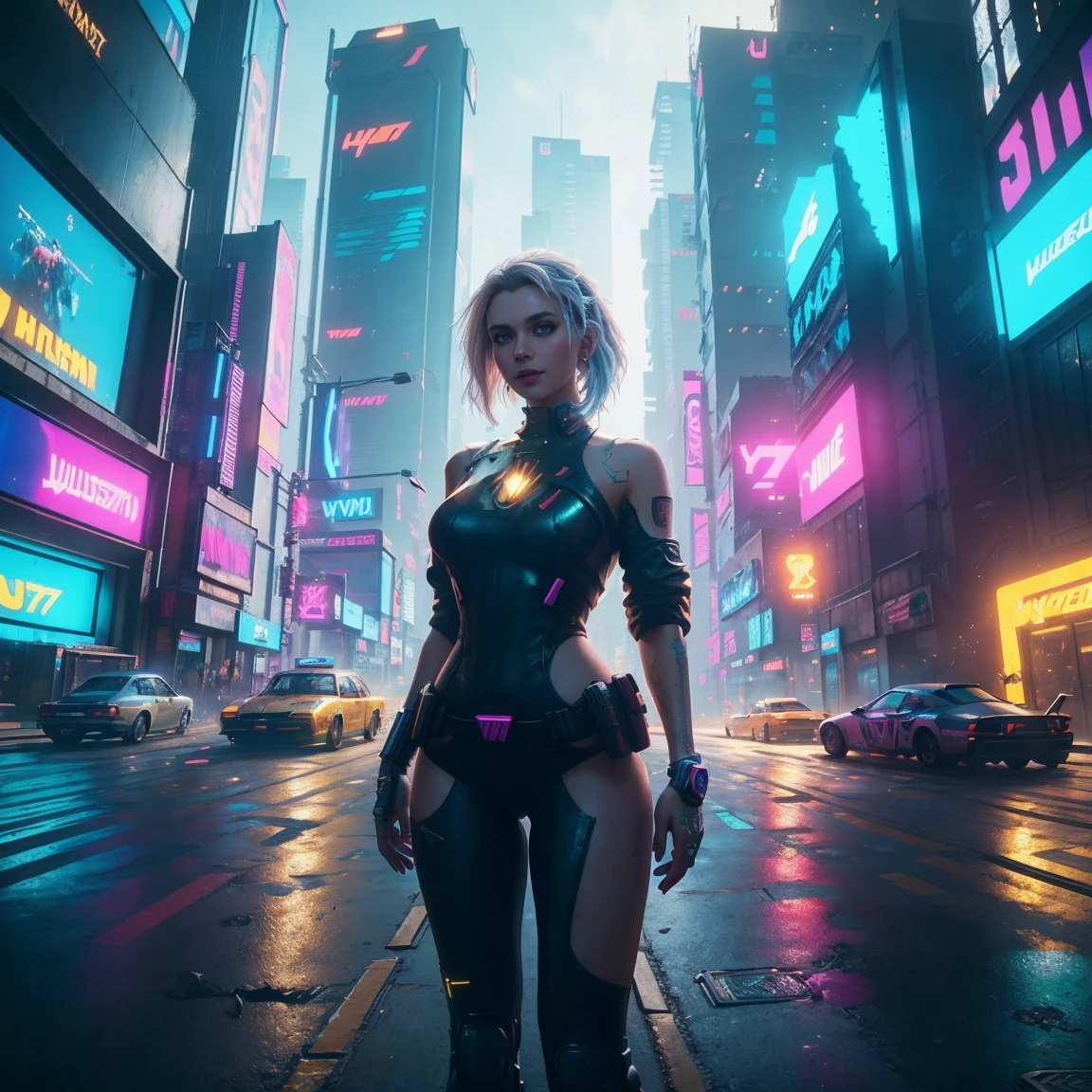 2 cyberpunk girl in a colorful Harajuku pop outfit, Cowboy shot, the wind, Real Pile, big blue eyes, 8K, 1 / 2 body crop, thigh gap, camel toe, a perfect face, the perfect body, messy hair, Highly detailed eyes, Highly detailed face, ((Cyberpunk 2077 cityscape)), (Cyberpunk aesthetics and atmosphere:1.3), Bright colors, Smiling, ((Cinematic lighting)), (intricate details:1.2), (hdr, hyperdetailed:1.2), (natural skin texture, hyperrealism, soft light, sharp)