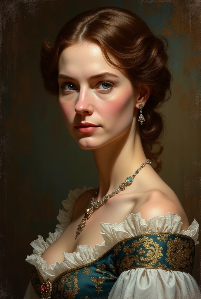 Queen Olivia embodies both elegance and resilience. With her striking blue eyes and refined features, she carries an air of grace and authority. Her hair, a rich chestnut brown, is often styled in a sophisticated manner befitting her royal status. Olivia’s presence commands respect, but her compassionate nature and warm demeanor reveal her deep care for those around her. Despite the trials she has faced, her strength and kindness shine through, making her a beloved figure in both her family and the kingdom.She is living in Victorian era and now she is 40 years old