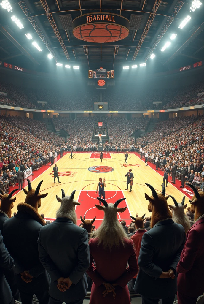 Vue panoramique d'un stade de basket ball full avec des chèvres habillées qui regarde des autres chèvre qui joue au basket ball.