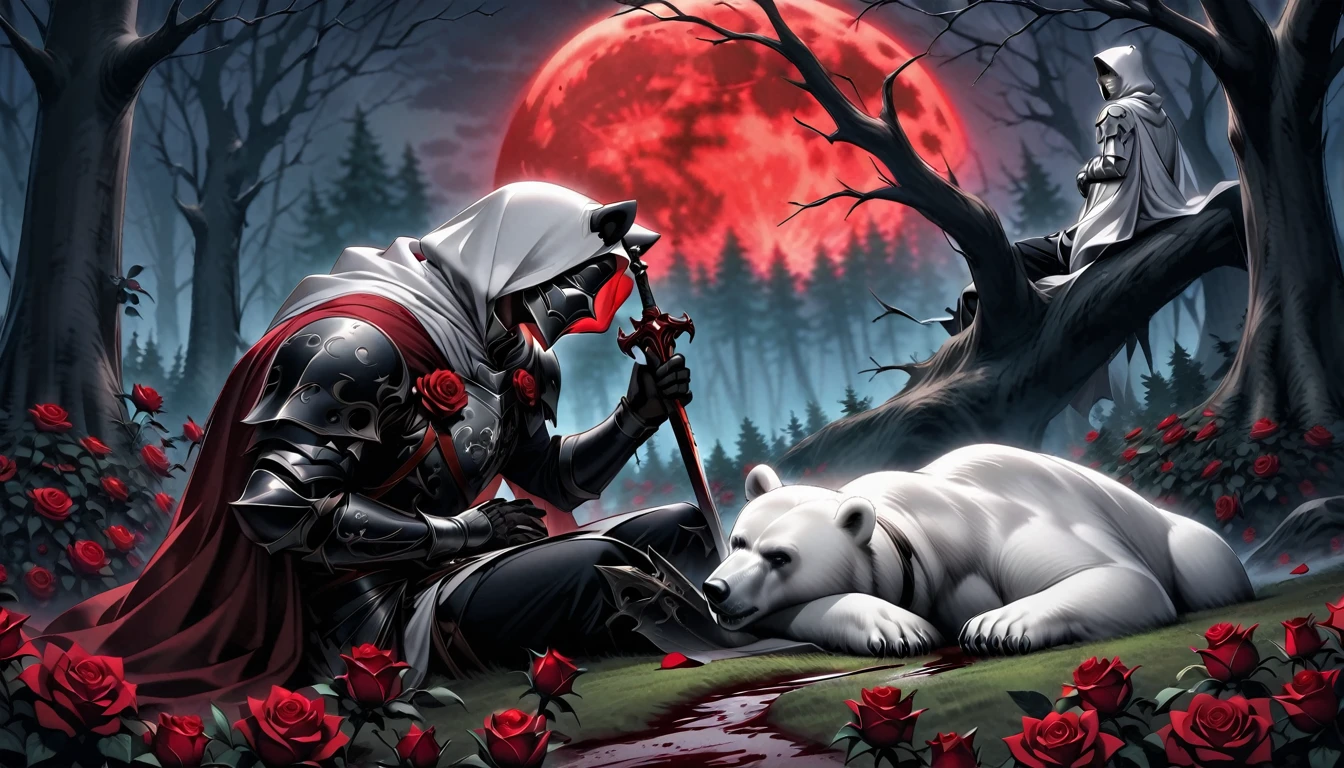 Male knight with a white hood with bear ears with sword behind his back sits on the ground towards a polar bear in a forest while the moon shines, many Roses cover the ground and lightning falls from the sky. The polar bear sleeps in front of the knight. Only the man wears a red blindfold. In the background of the picture is the blood moon and a tree has fallen down in the path. The forest is full of trees with leaves. The armor of the man is black and red roses decorate it. The knight has its sword in his hand.
