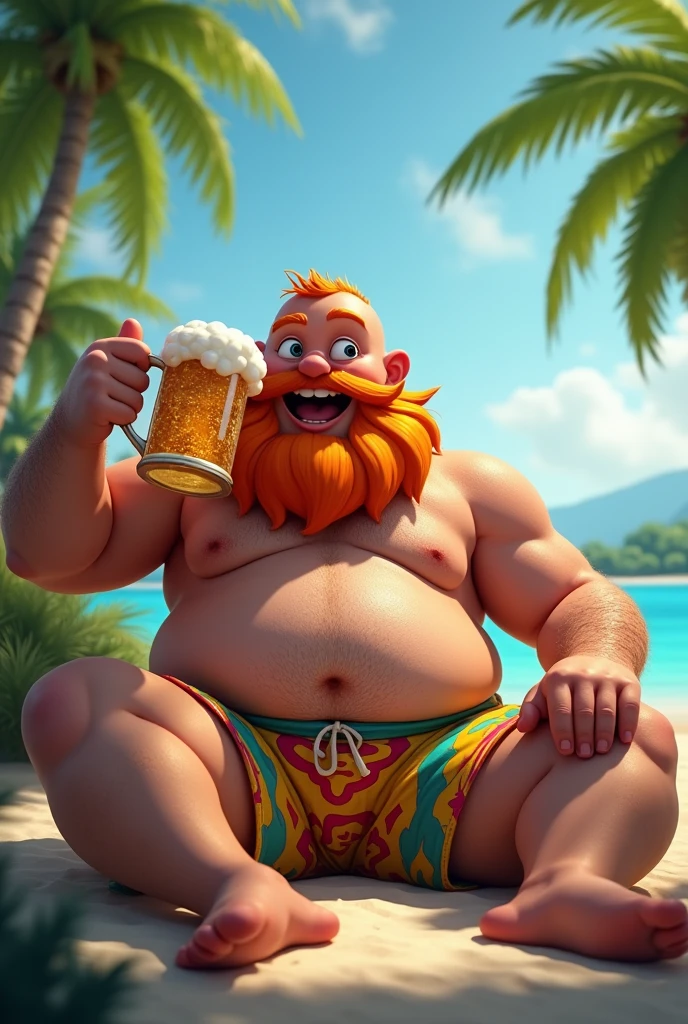 An image of the orange-bearded LOL character Gragas in swim trunks drinking a beer