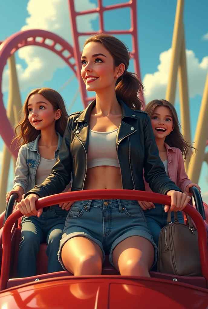 Fille cheveux attaché veste cuir mini short jean grand sac a main, she is with her daughters, they are on a roller coaster