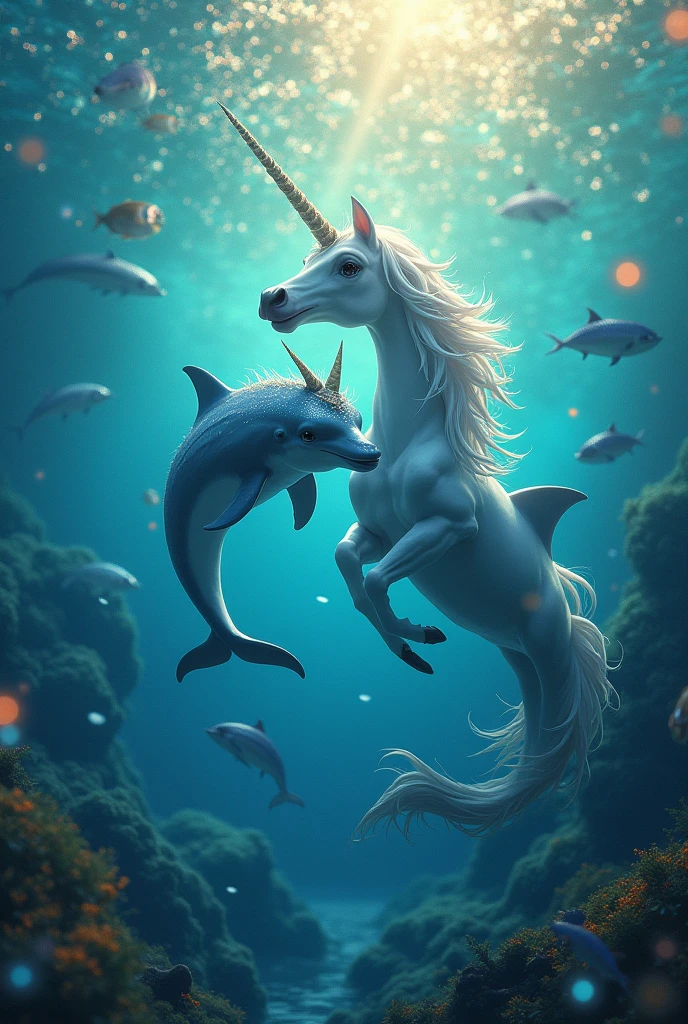Dolphins and unicorns in the sea with many colors