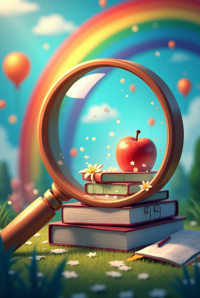 Inside a magnifying glass represents learning and studying at school, that includes books outside the magnifying glass and a rainbow