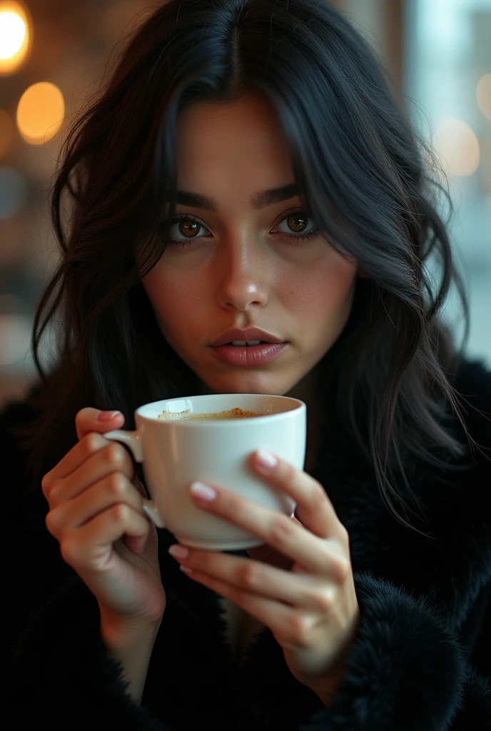 Create Latina Girl Photo, with beautiful face,black fur, drinking coffee
