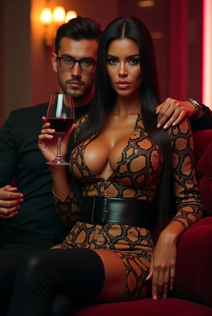 Kim Kardashian with dark brown straight hair  , she wears a long tight snake pattern shirt with buttons and sleeves, with a large cleavage, she also wears a wide black belt around her stomach , she still wears black high knee boots, she wears glasses , in a nightclub on a couch , in one hand she carries a red wine glass, her facial expression is quite arrogant , next to her sits a tall man , the man wraps his hand around her neck 