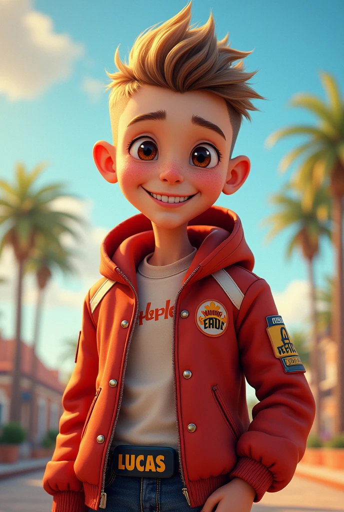 Create an image of a boy, with beautiful face, big brown eyes, hair shaved on the sides and short on top, light brown color, beautiful smile with semi-thin lips, hotweels racer dress with a garter that says "lucas protagonist"