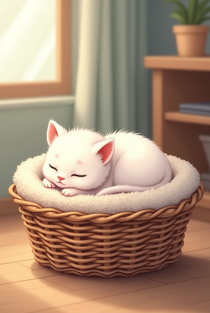 Un petit chaton tout blanc avec les yeux fermés. Un petit museau rose dans un joli panier en osier ayant un coussin étant en train de dormir ayant leur paisible dans un style graphique. Bande dessinée 2D le panier doit sembler être à l'intérieur d'une maison